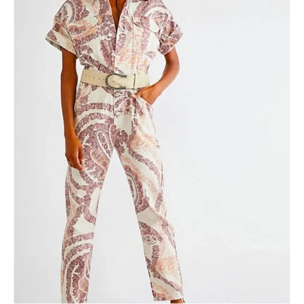 Free People We The Free Marci Denim Paisley Coveralls / Boiler Jumpsuit • Medium
